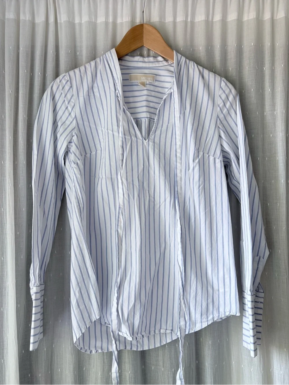 Michael Kors Light Blue and White Striped Tie-Neck Blouse